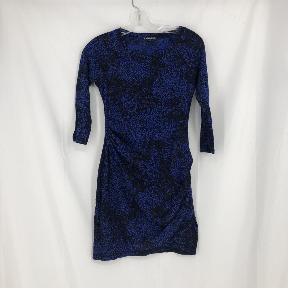 Express Blue Black Leopard Print Ruched Sheath Dress Women’s XS 3/4 Sleeve